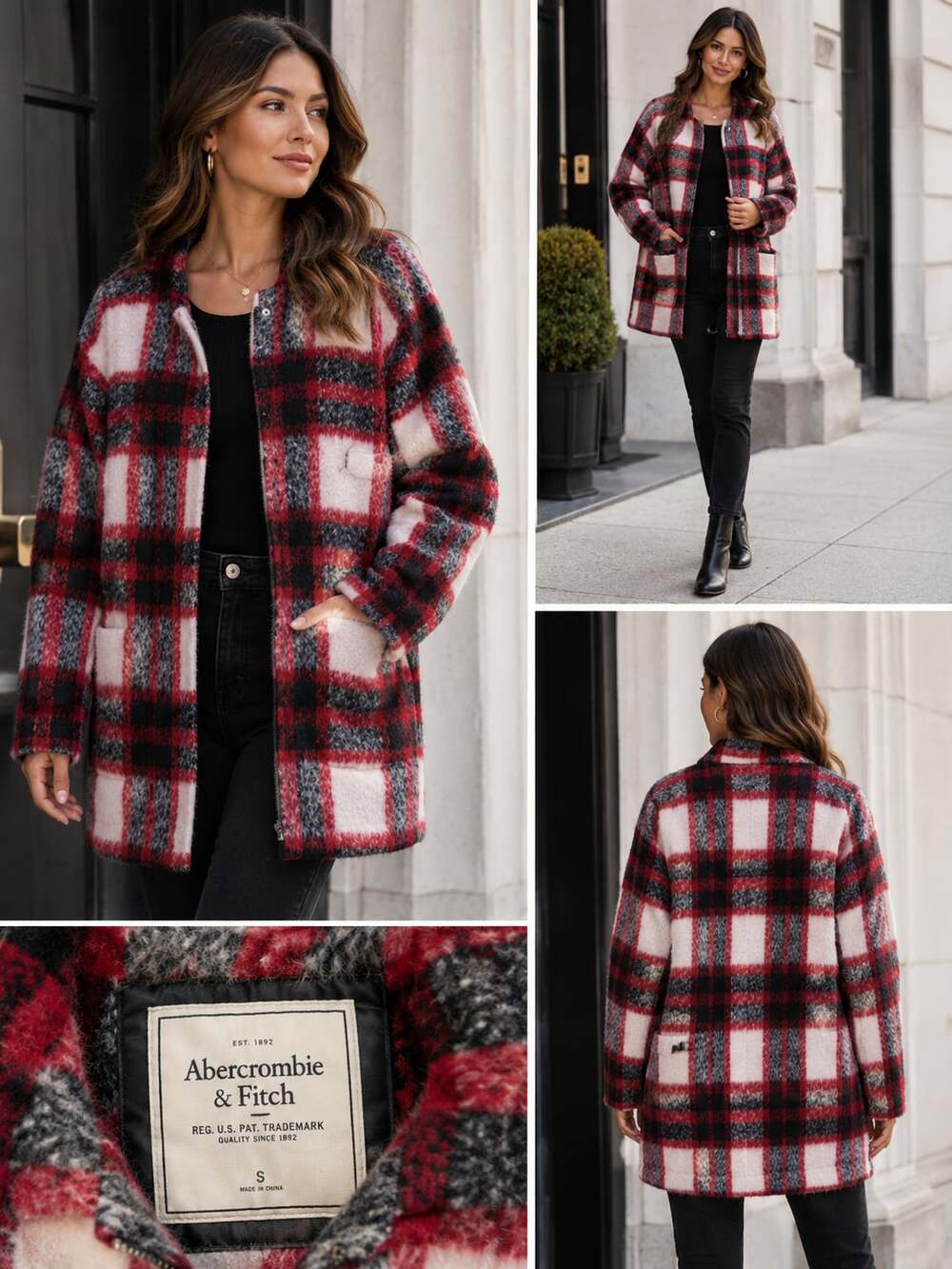 Abercrombie & Fitch Heritage Wool Plaid Coat  Women’s Small Red Black White